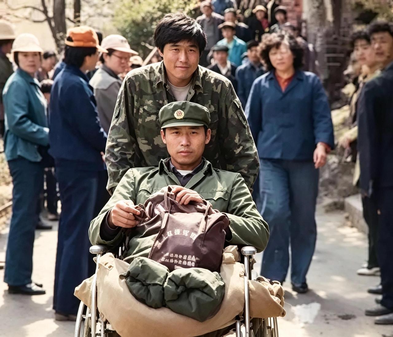 这是一等功臣刘庄在医院治疗后出院时的场景。他在战斗中失去了双腿，那一年，他才十九