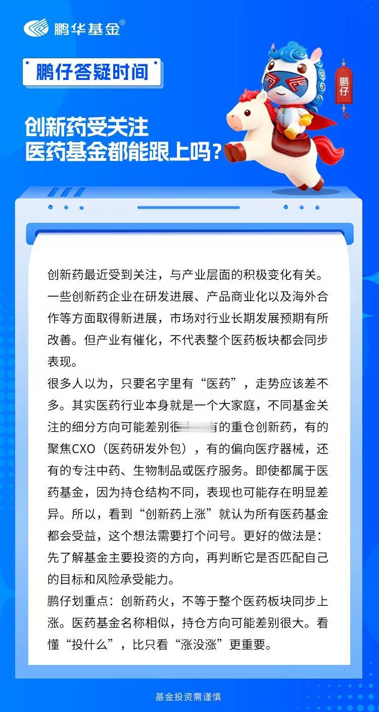 最近，创新药板块表现活跃，不少鹏友留言问：“创新药这么火，是不是医药基金都能跟着