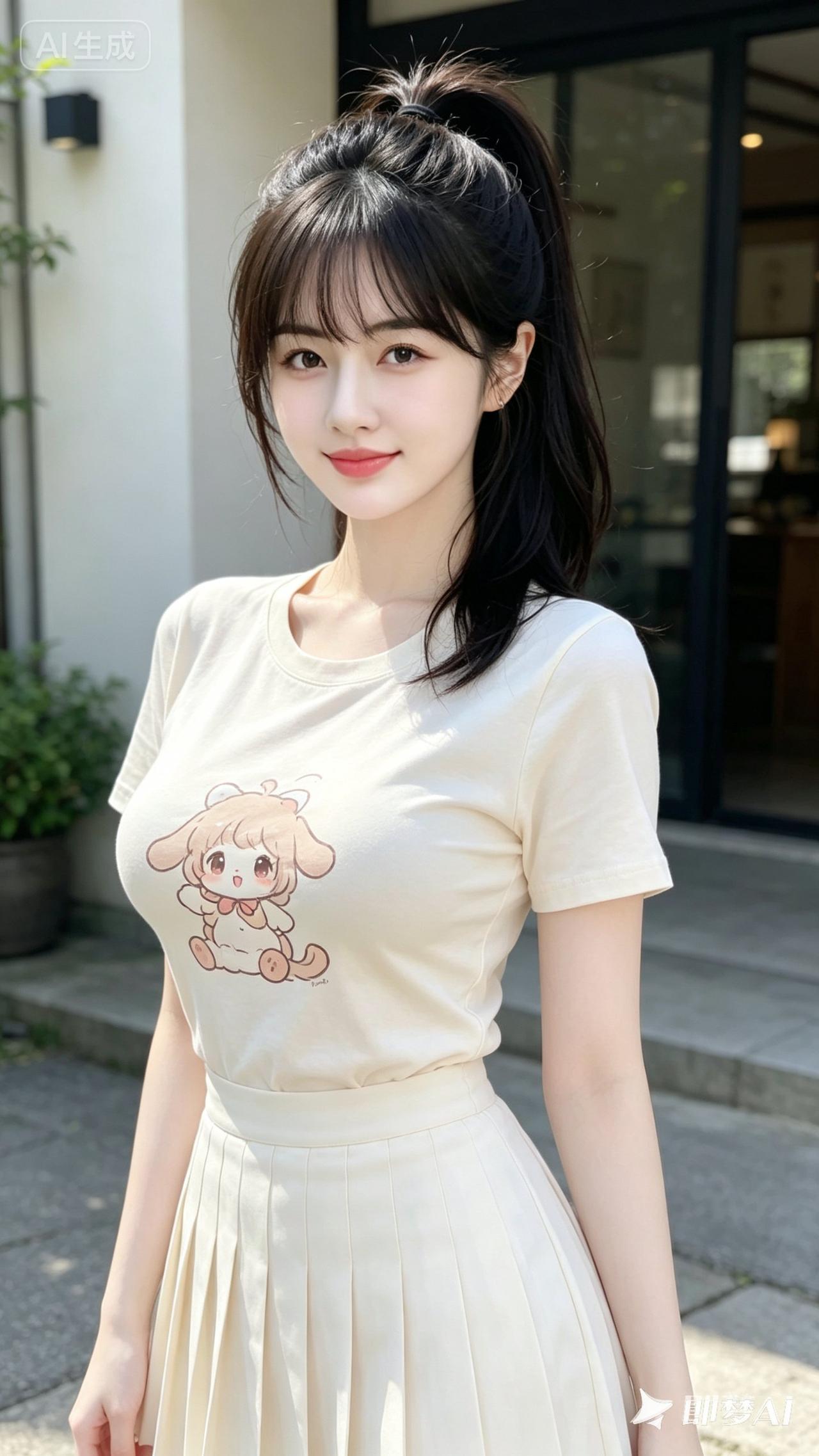 甜美少女风，可爱卡通T恤搭配百褶裙，元气满满！💖👗👧
