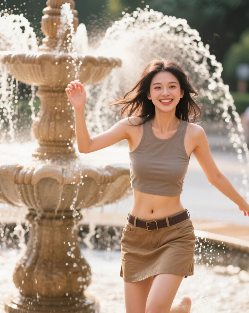 喷泉旁嬉戏的亚洲美女，活力四射的夏日画面