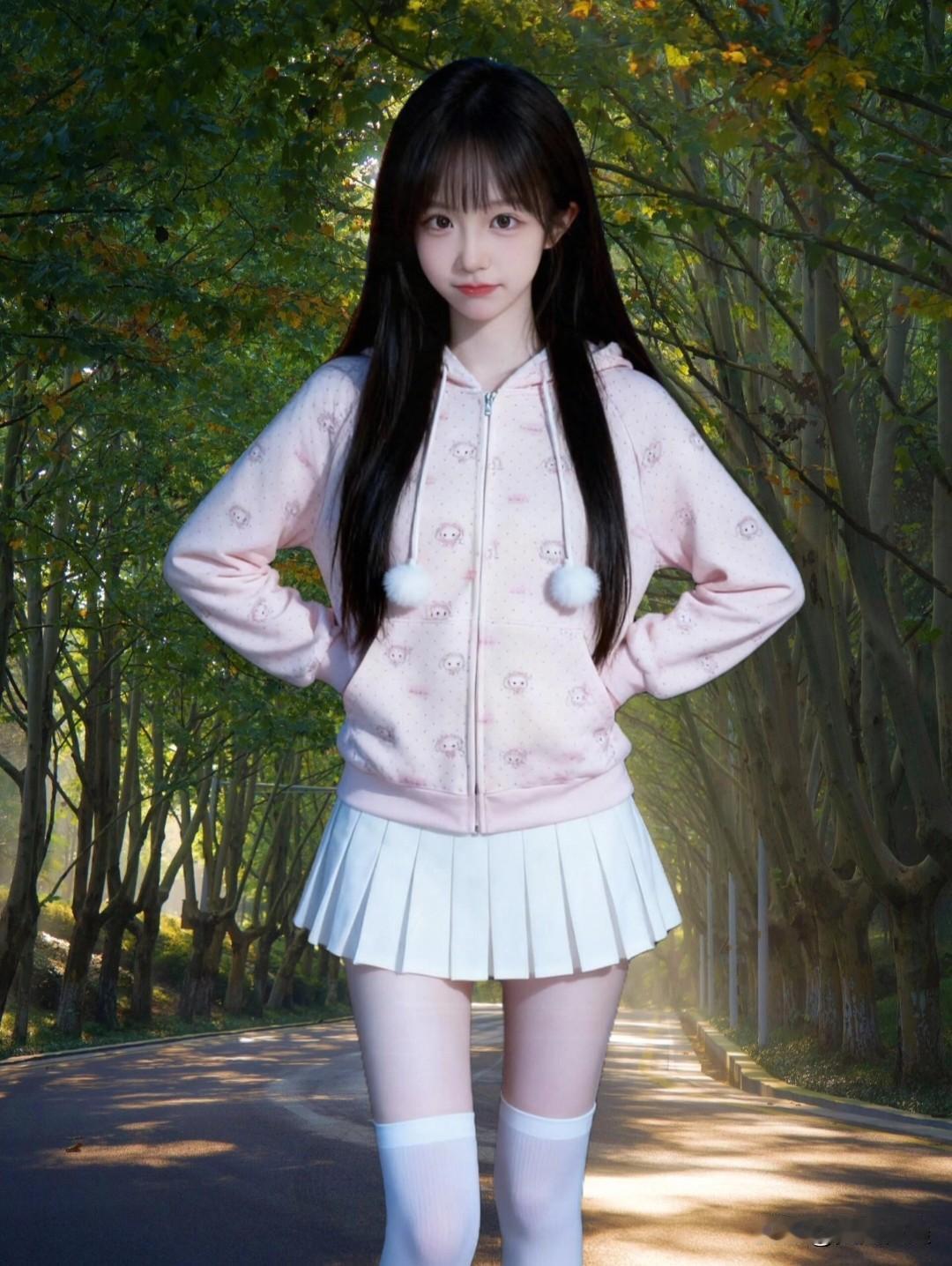 秋日校园少女，粉色卫衣与白色裙子的甜美搭配，阳光洒落，尽显青春活力！🍂💕