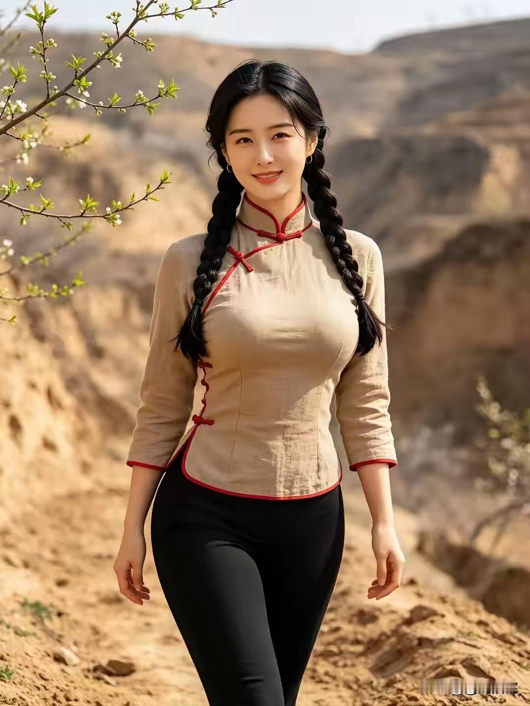 乡春东风催柳嫩芽生，岭上杏花照眼明。一径春姿人胜艳，黄坡旧事总牵情。