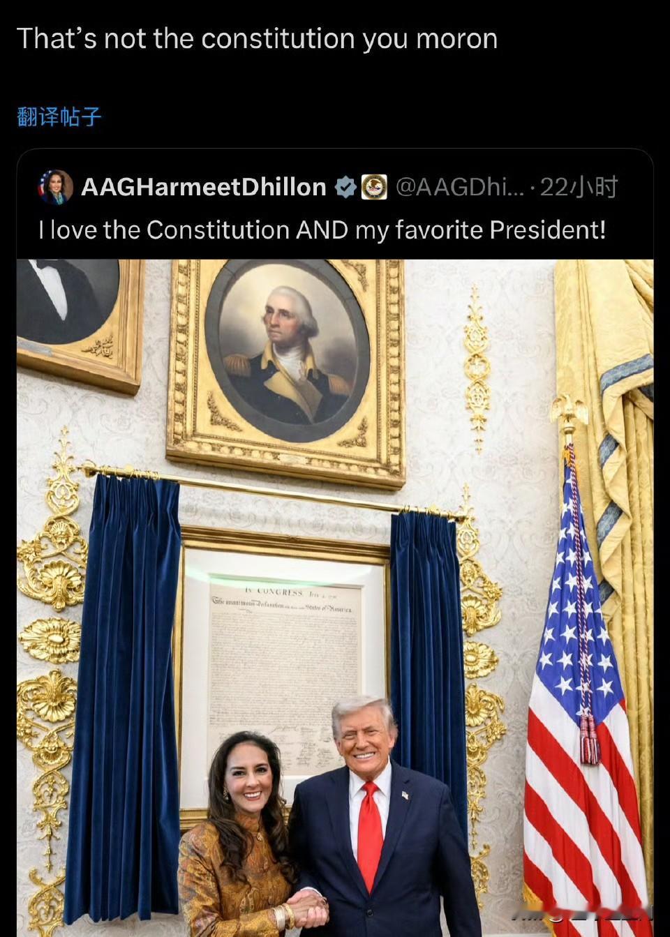 美国司法部民权司助理总检察长HarmeetDhillon（印度裔）跑到白宫见川