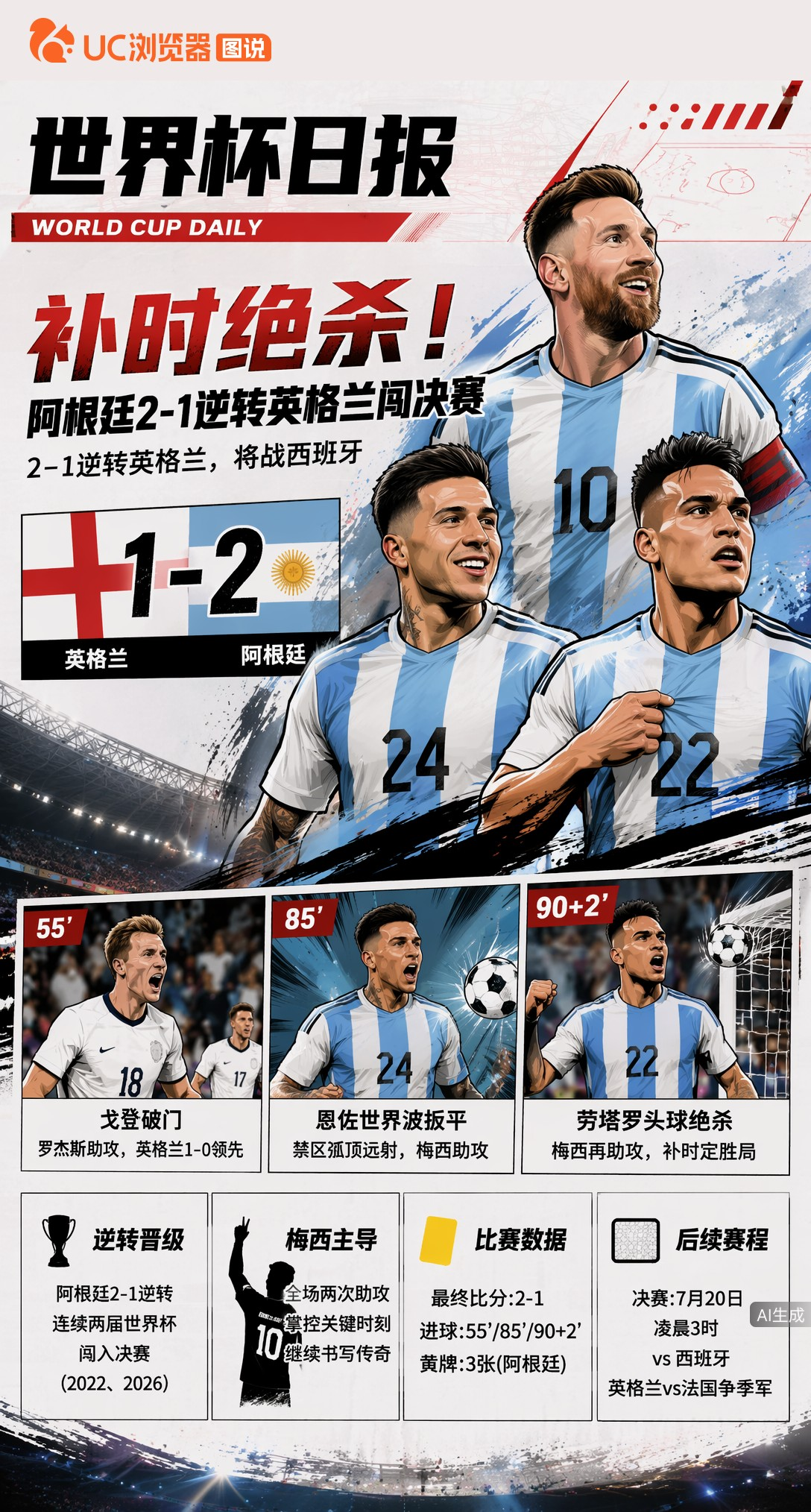 补时绝杀！恩佐世界波+劳塔罗头球，阿根廷2-1逆转英格兰闯决赛