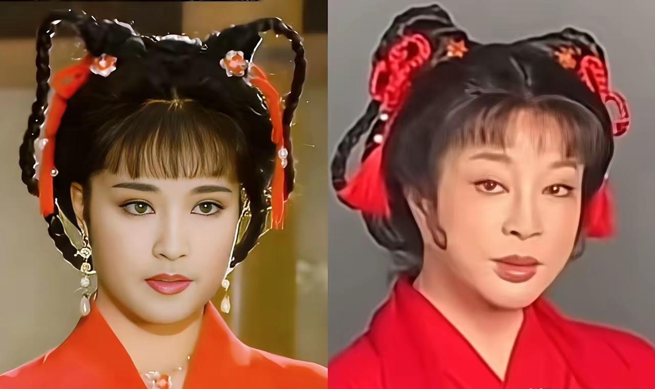 左边是刘晓庆40岁时的扮少女的剧照，右边是70岁时扮少女的剧照，同一个角色，同一