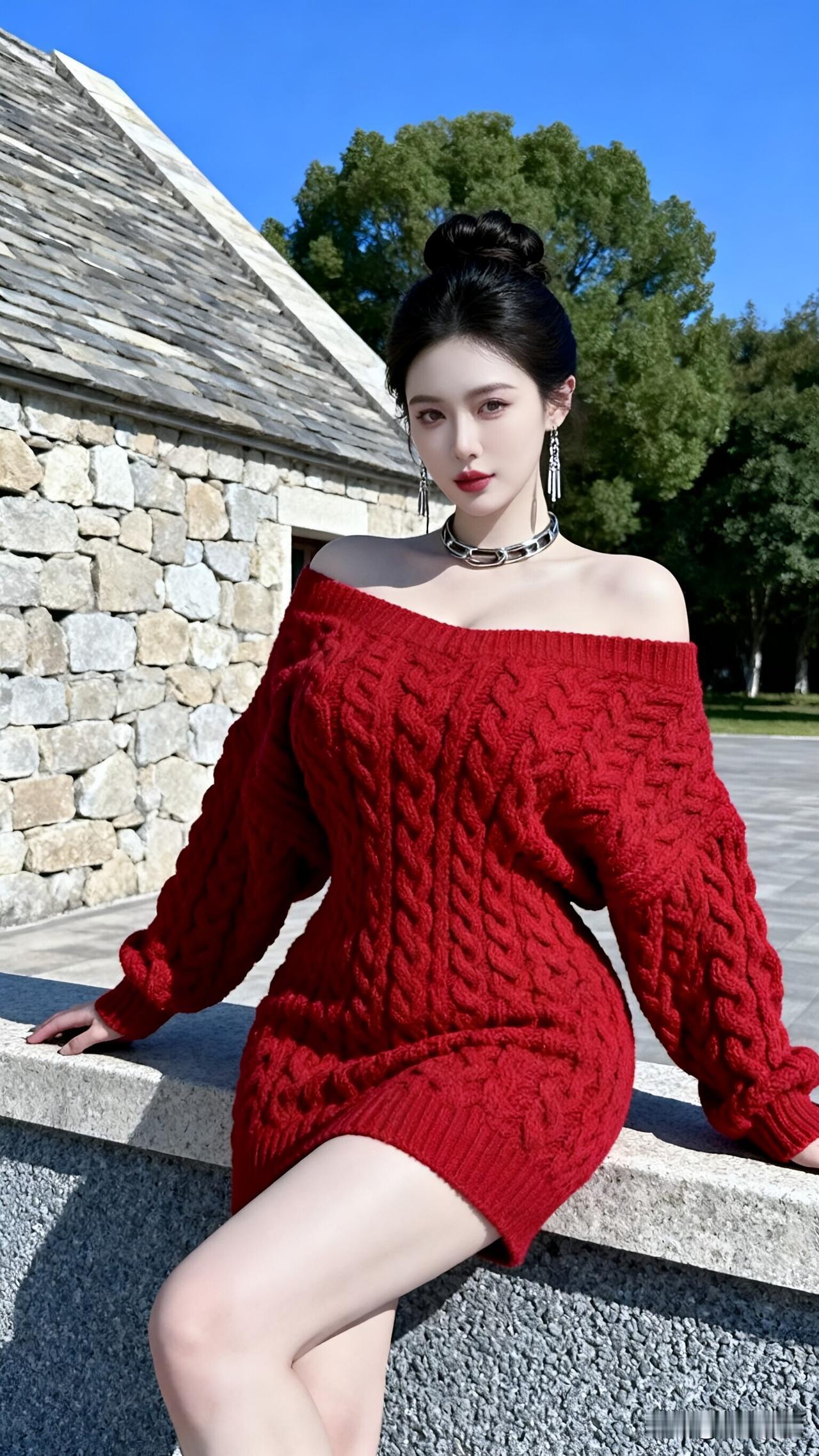 红毛衣裙配石屋背景，这抹红直接美成冬日焦点！谁能拒绝冬日里的一抹惊艳红？石