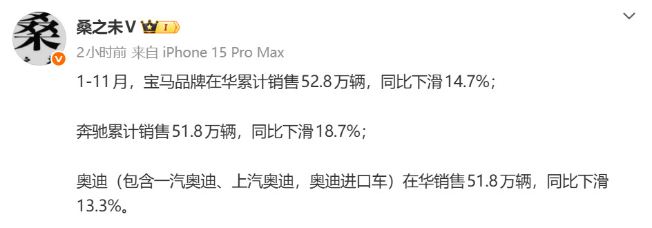 今年BBA在国内市场依旧不好过。——宝马（1~11月）52.8万辆，同