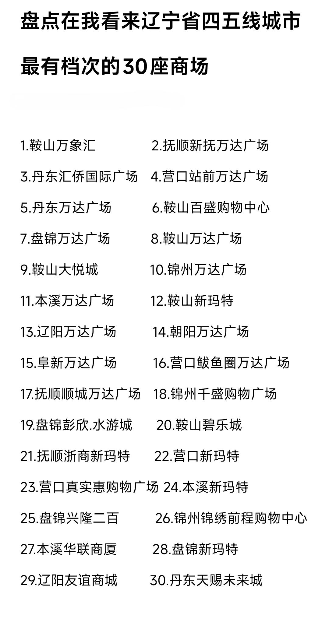 纵观辽宁省四五线城市商业实力排名鞍山肯定是遥遥领先，集齐了万象汇、万达、百盛、新