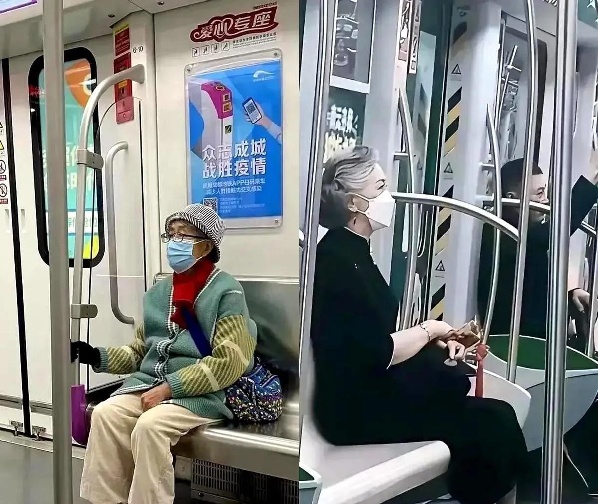两位老太太在地铁上的样子，展现了完全不同的风格。左边的穿着五颜六色的毛衣，配上