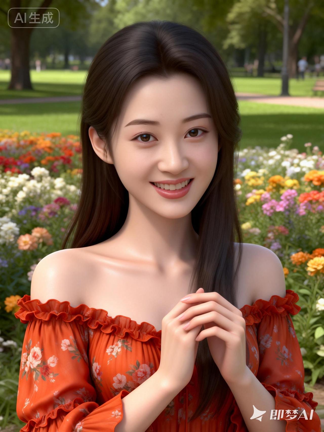 阳光明媚的公园里，甜美少女与花海相映成趣🌸🌼