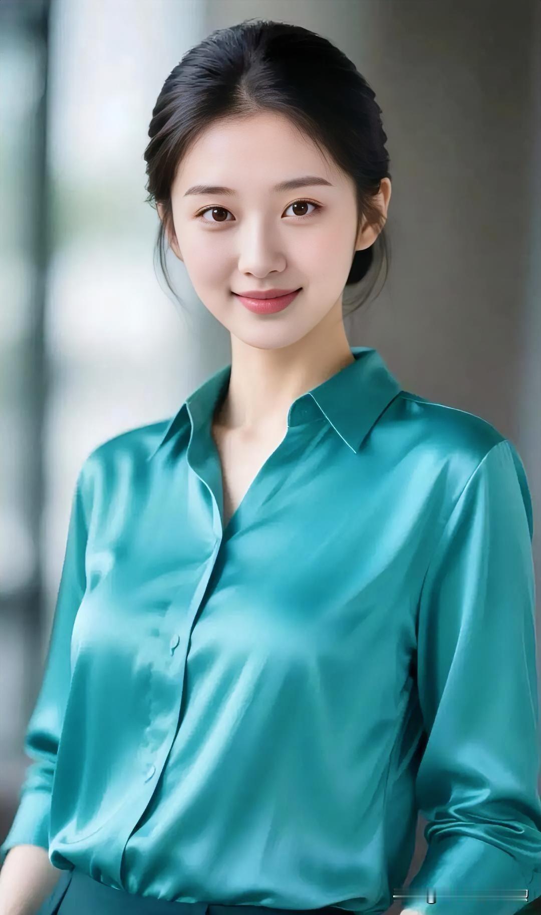 墨绿丝缎衬衫流转柔光，低马尾温婉简约。职场佳人，从容绽放干练与优雅。