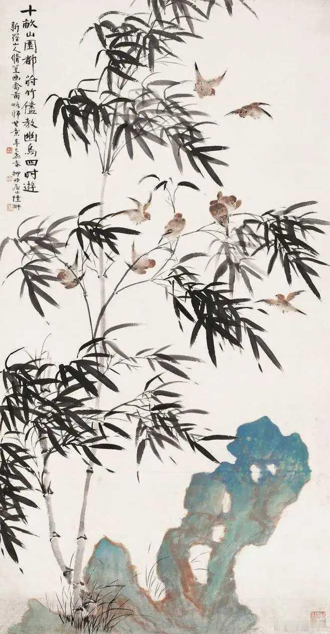 陆抑非花鸟，生机盎然。陆抑非是中国美院国画系花鸟画专业教育体系的主要奠基人之一，