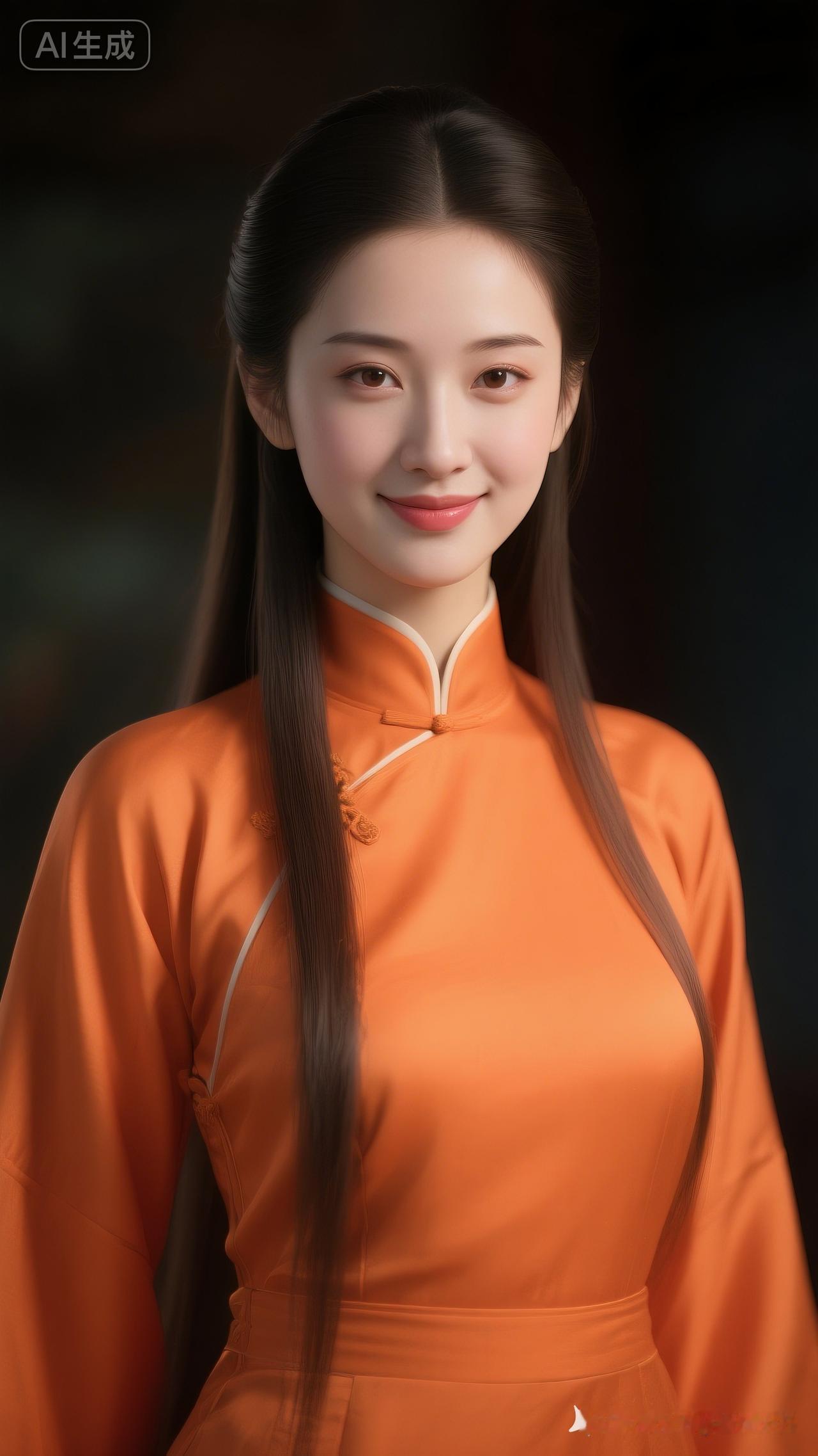 惊艳的AI生成美女，橙色旗袍，优雅动人！🌟✨