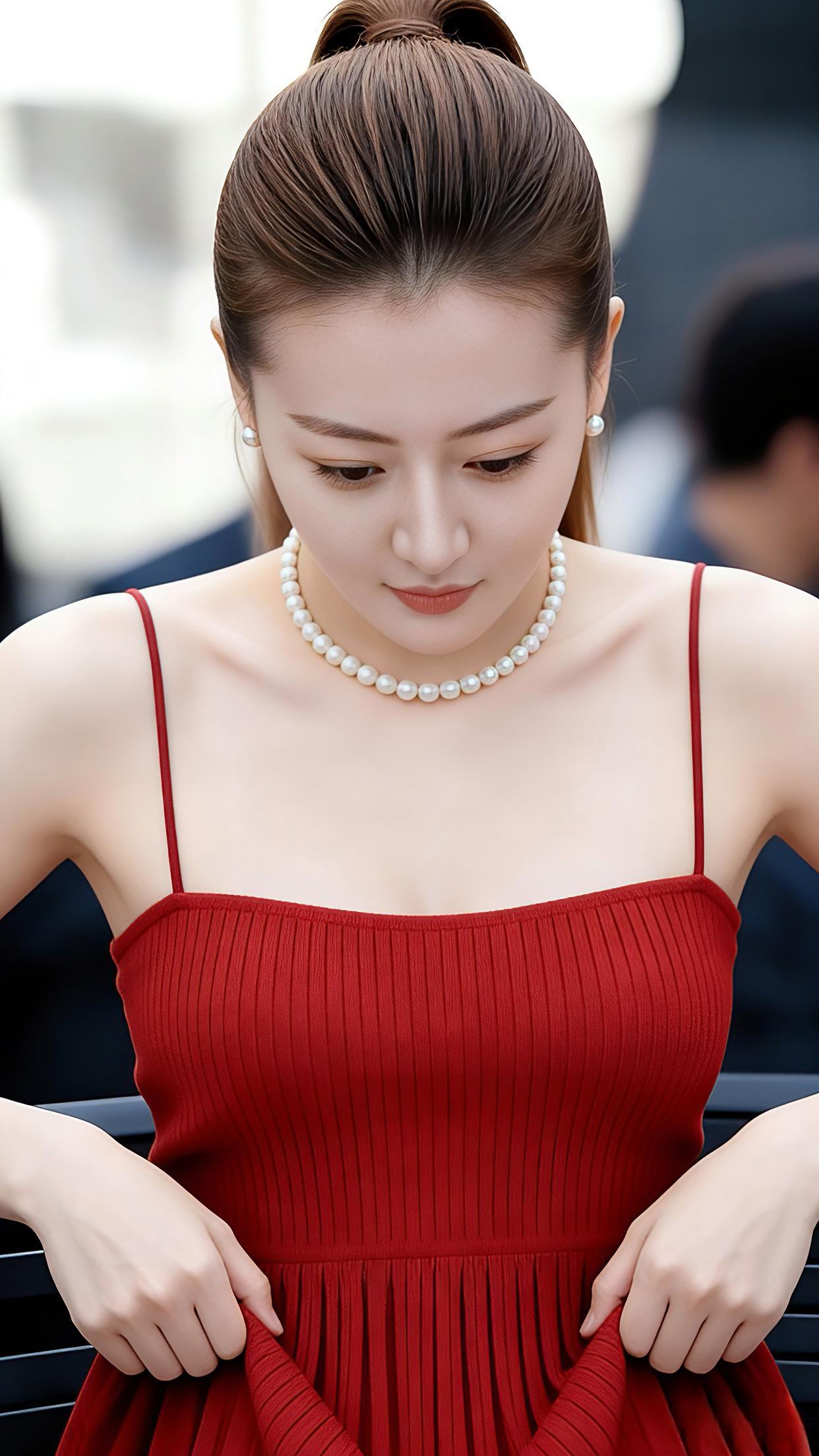 优雅红裙，珍珠项链，时尚而雅致，魅力无限。