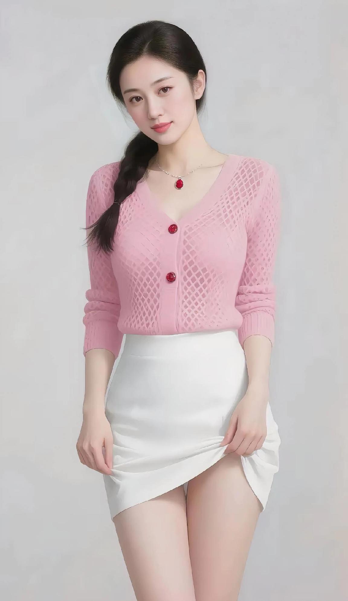 温柔粉色毛衣搭配高腰白裙，清新甜美，少女心满满