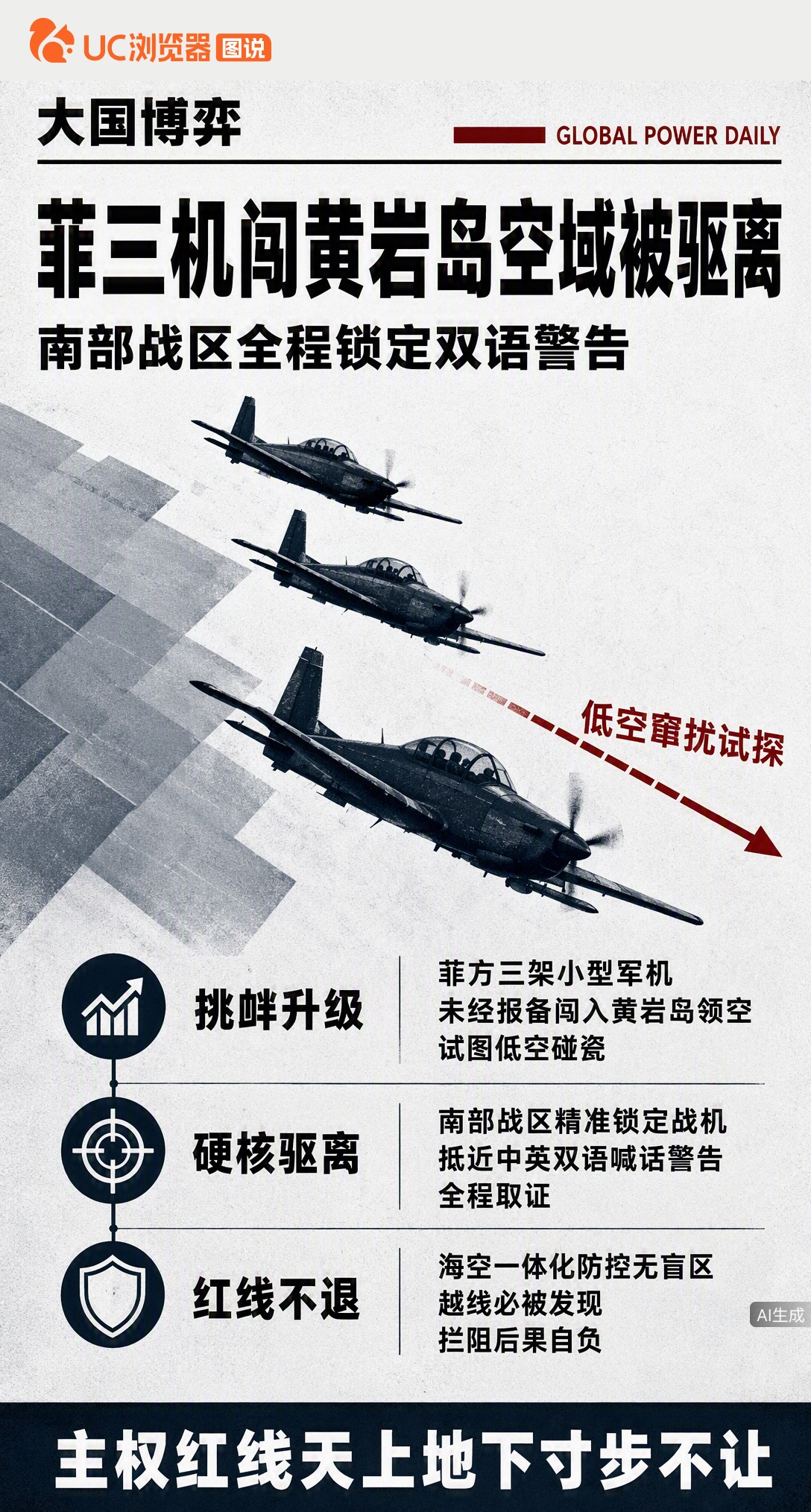 菲三架军机未报备闯入黄岩岛空域，南部战区全程锁定、中英双语喊话驱离。从海上碰瓷到空中试探，菲方挑衅升