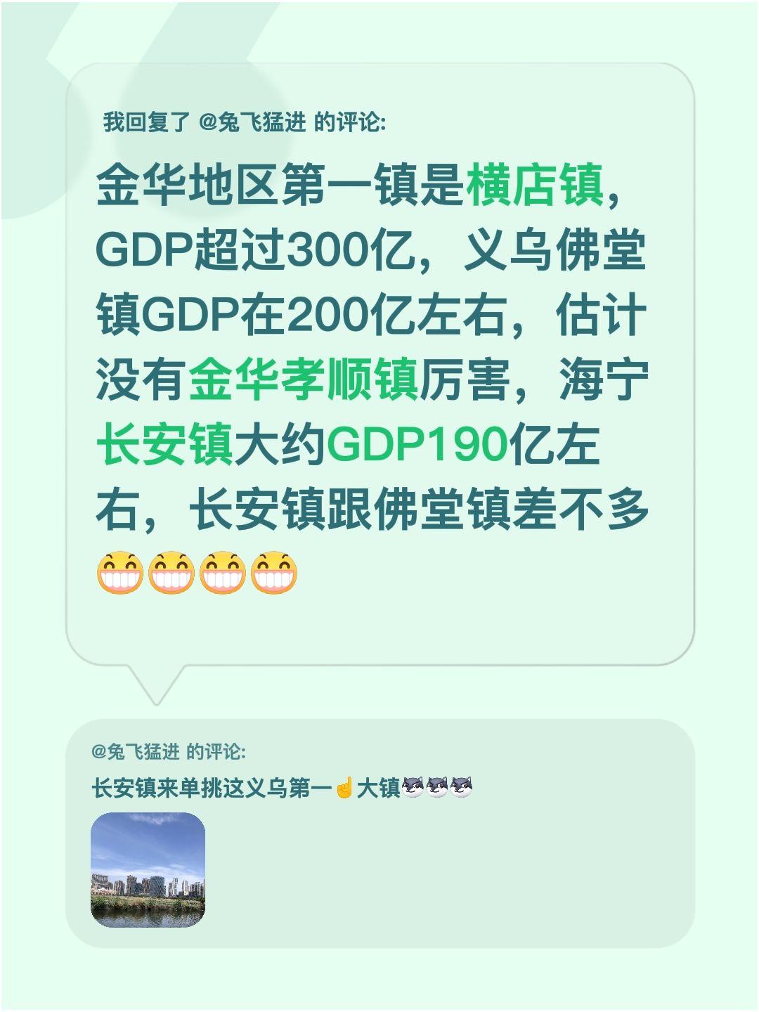 我回复了@兔飞猛进的评论：金华地区GDP最高的镇是横店镇，已经超过300亿啦