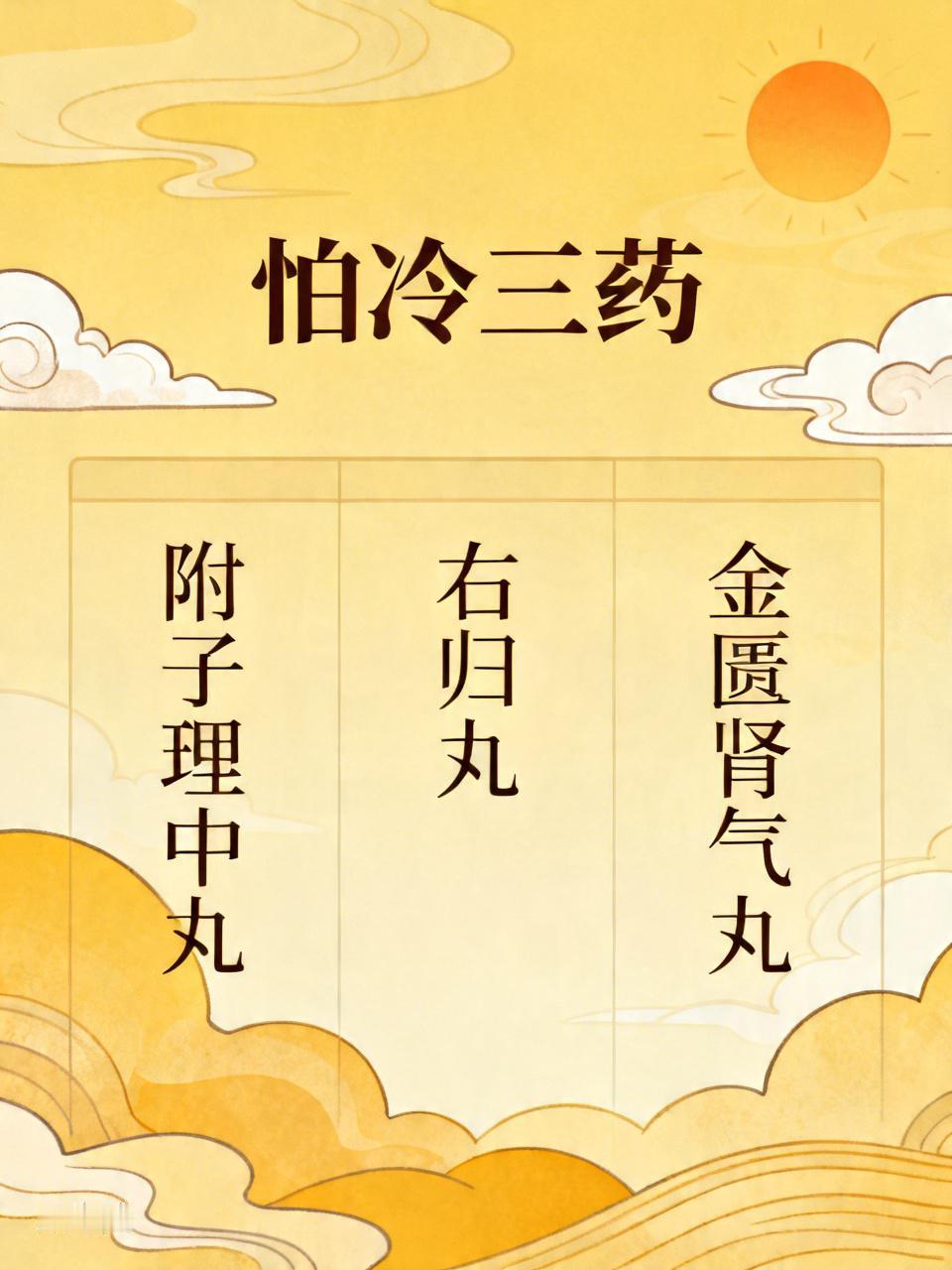 怕冷三药、上火三药、睡不沉三药、腿脚沉三药、记性差三药，5种常见毛病对应15个中