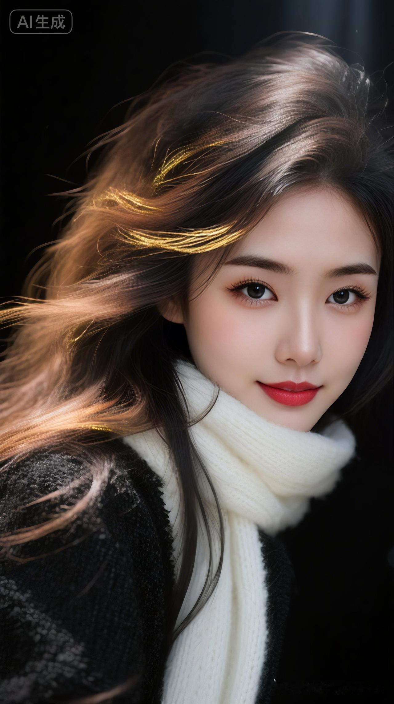 清冷气质美女棕黑渐变长卷发逆光飞扬镶金边，黑粗花呢外套搭白针织围巾，红唇明艳眼神