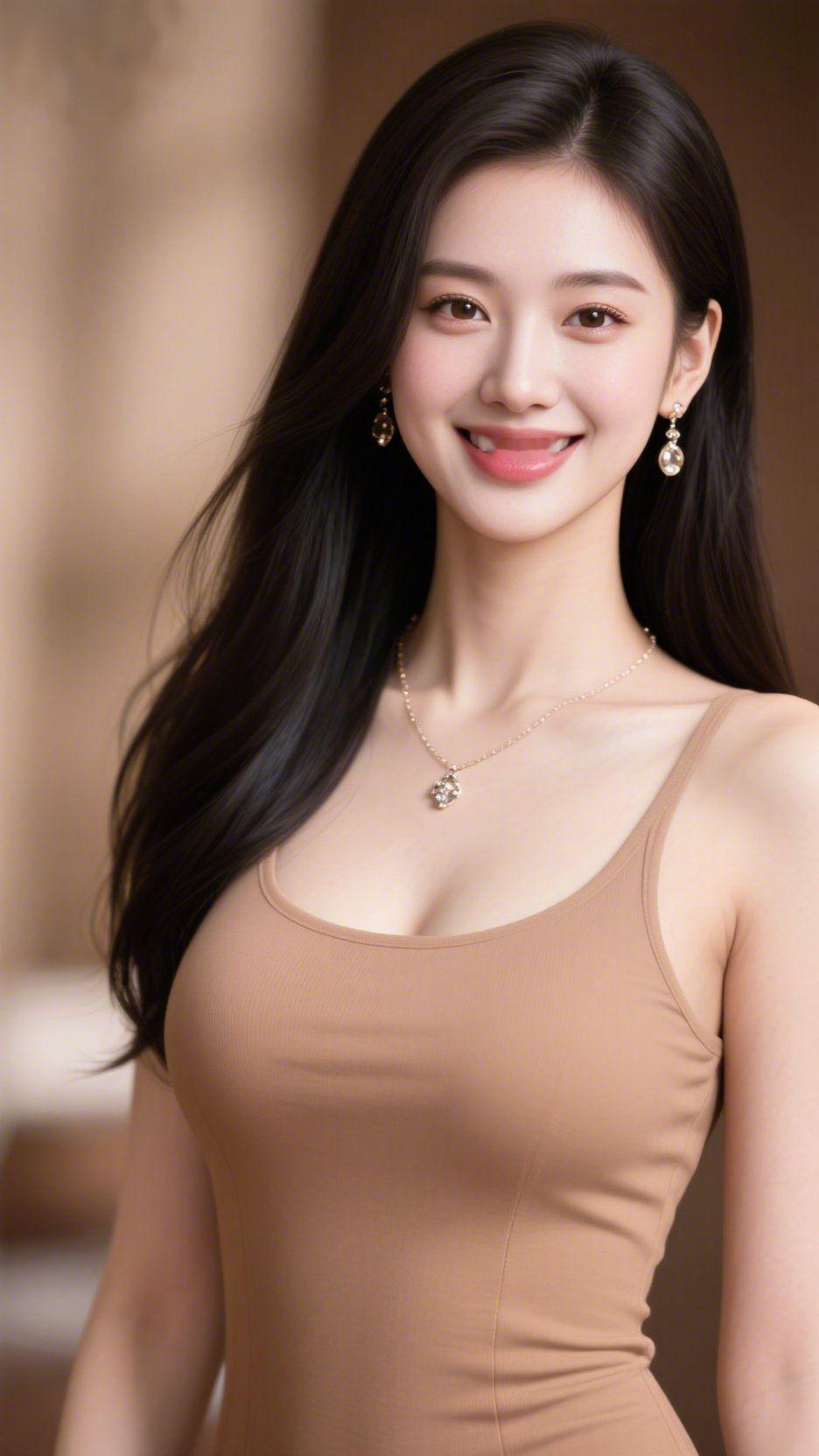 《暖棕里的轻柔明亮》暖棕衣装似浸了午后柔光，衬得周身气息舒展温软。长发轻垂