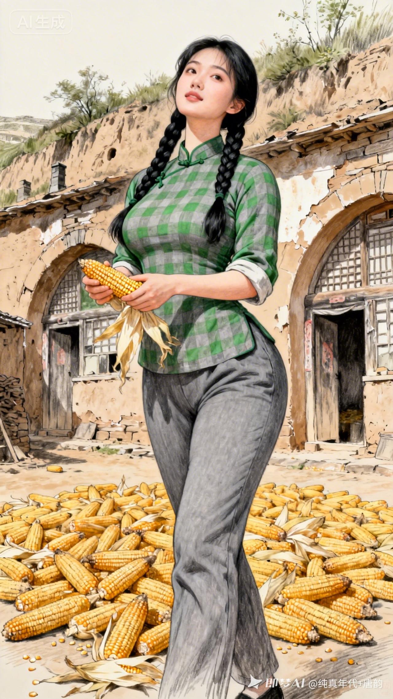 乡村少女手捧玉米，笑靥如花，纯真自然。