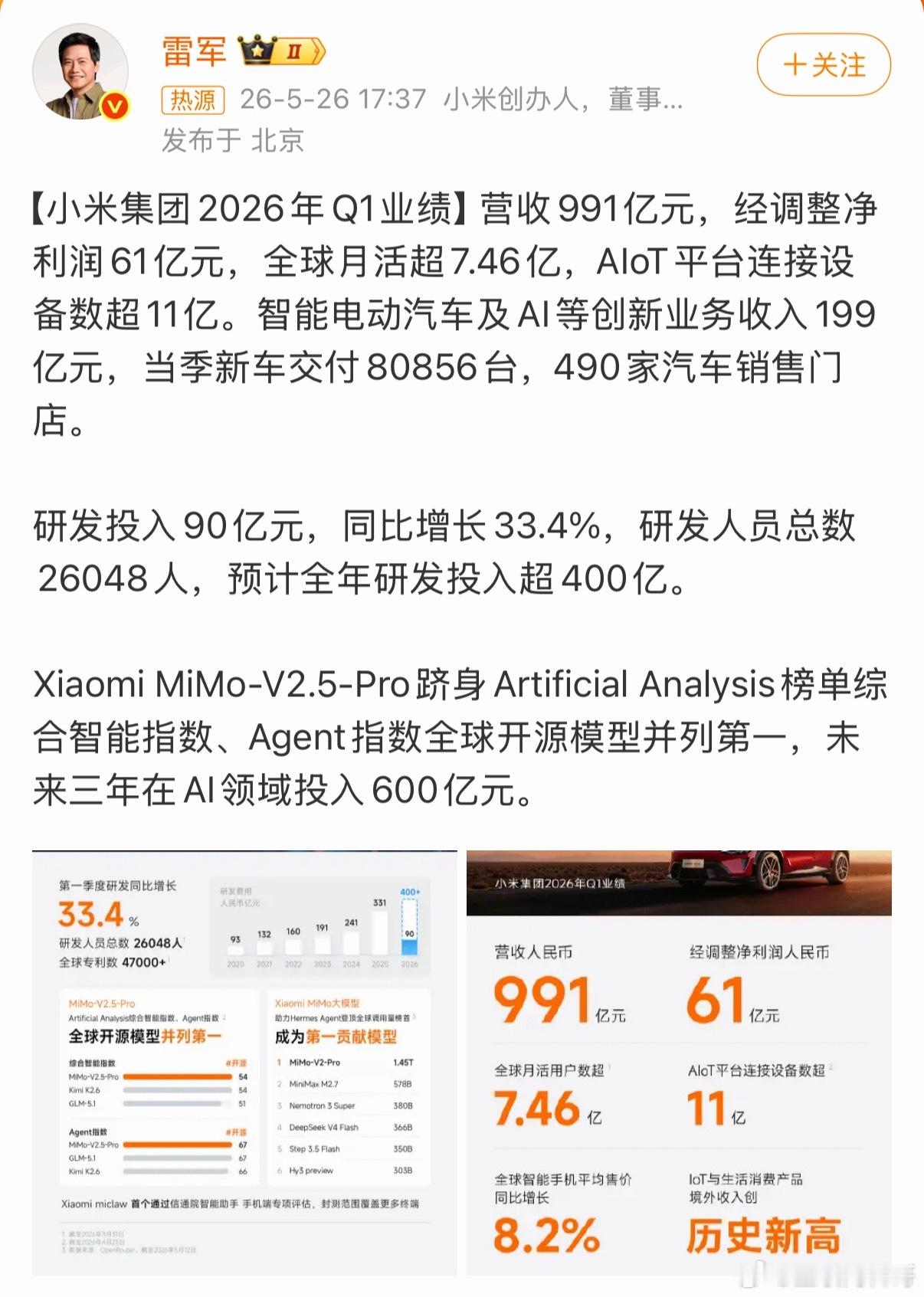 恭喜雷总，恭喜小米，业绩可圈可点，相当炸裂！