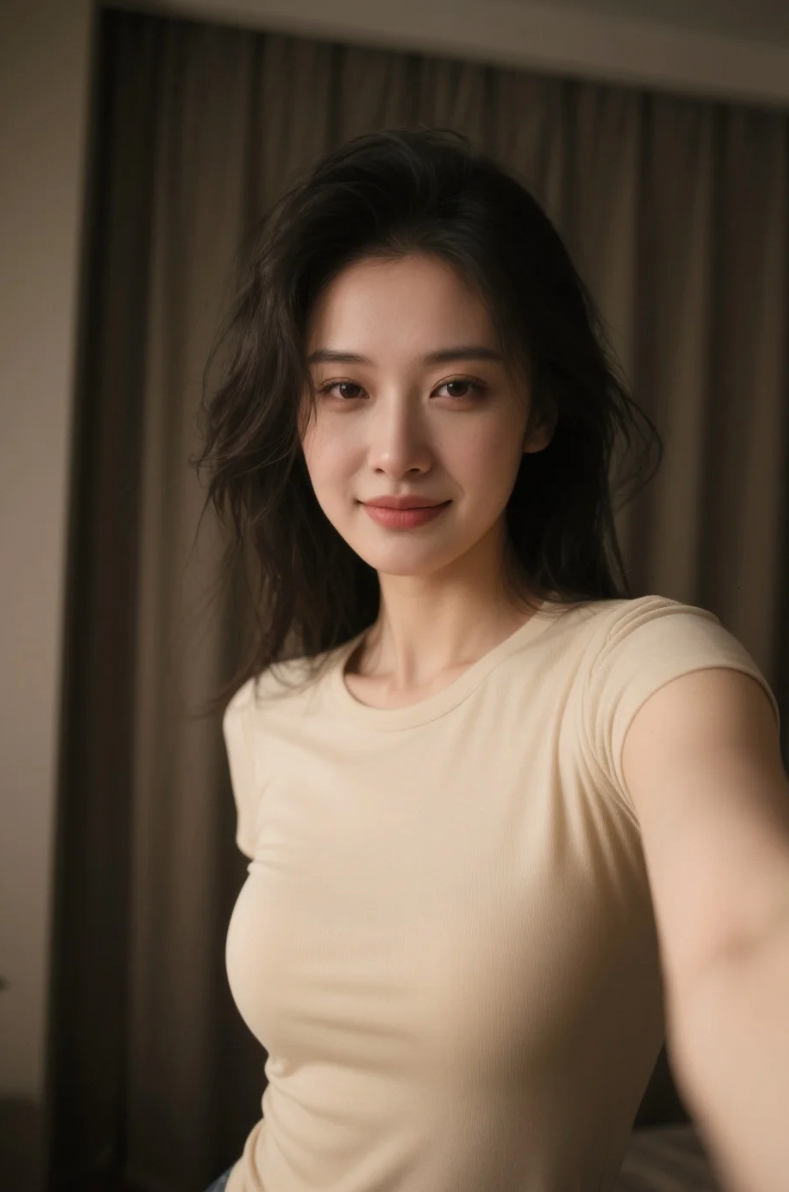 米色贴身T恤，光影交错，美得安静却有力