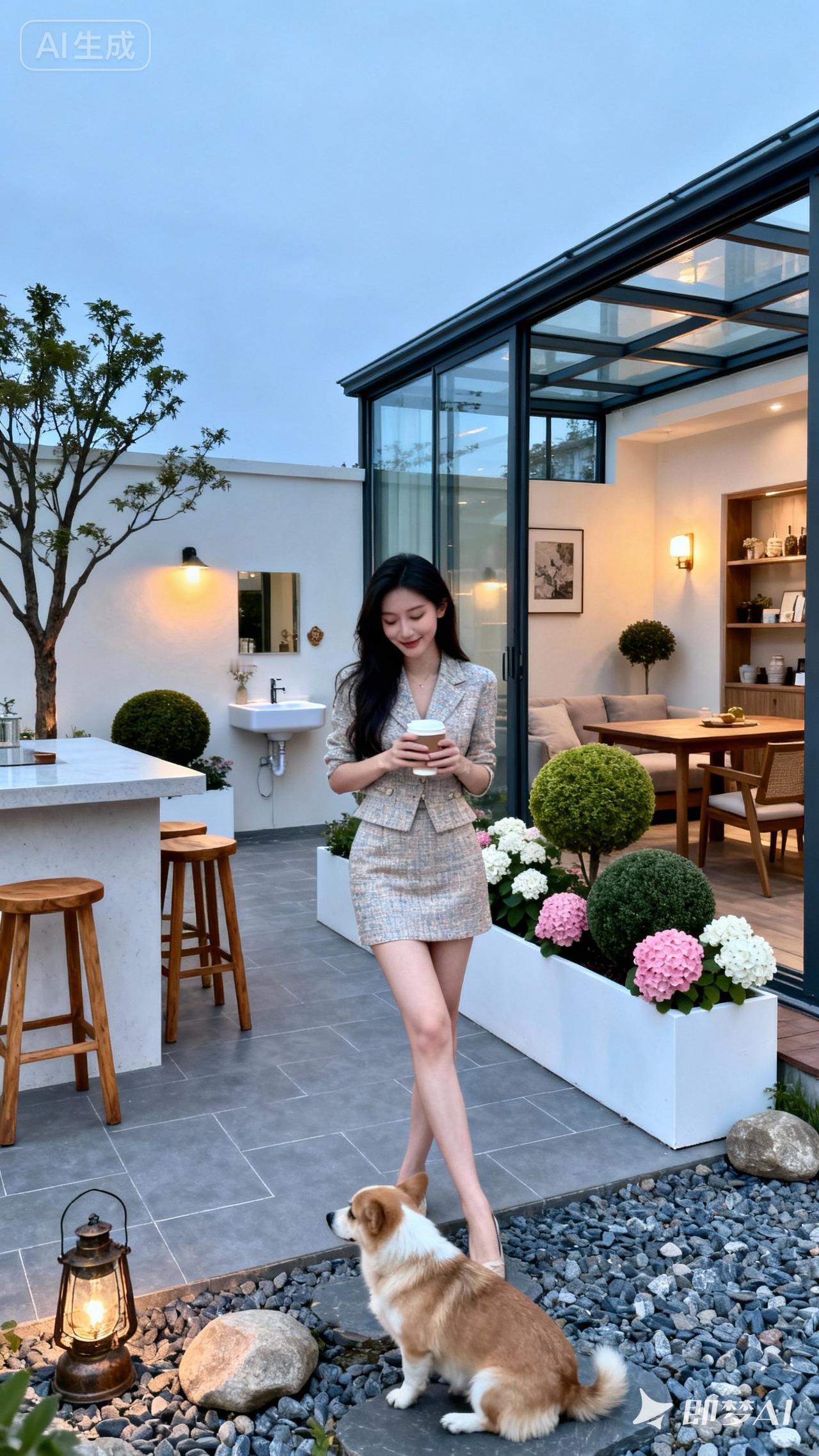 在现代庭院中享受悠闲时光，与萌宠相伴，尽享宁静与美好。