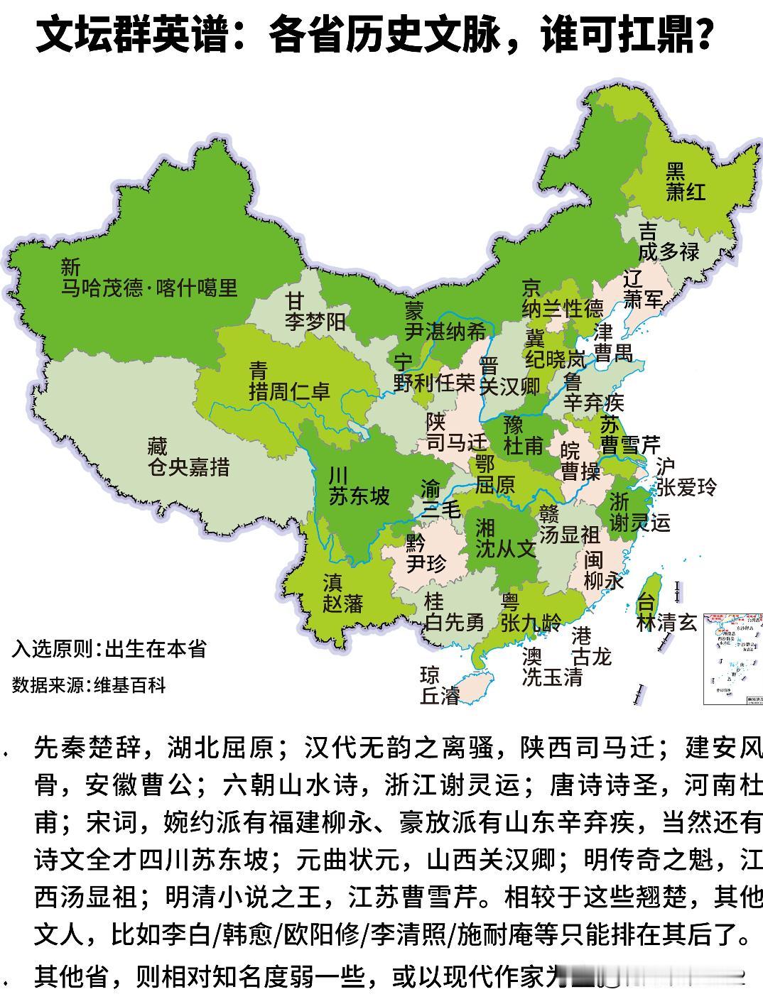 各省历史上，最出名的文学家是哪一个？楚辞唐诗宋词元曲明清传奇小说，一代文学之