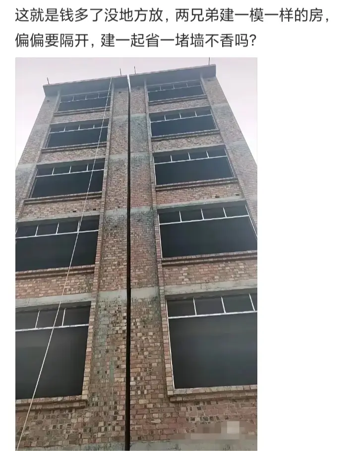 两兄弟建一模一样的房，偏偏要隔开，建一起省一堵墙不香吗