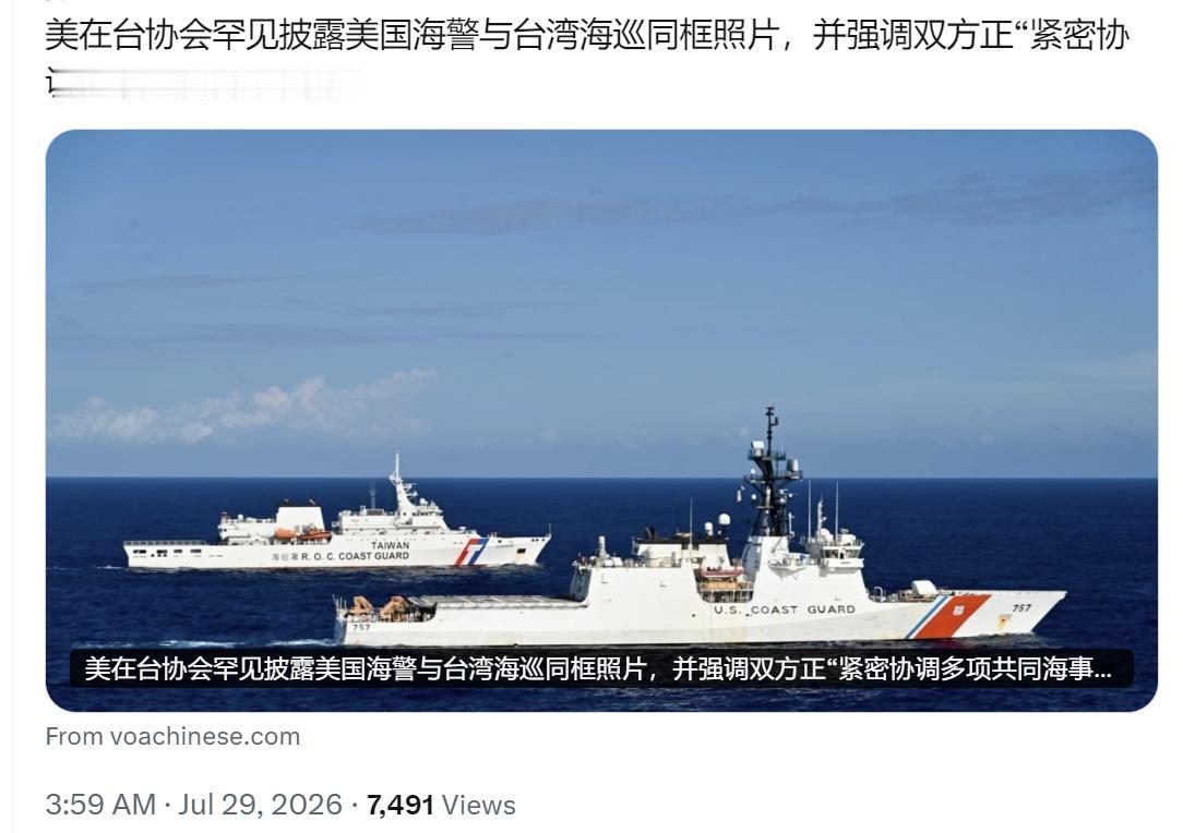 美国中文媒体今天（7月29日）报道：“【美在台协会罕见披露美国海警与台湾海巡同框