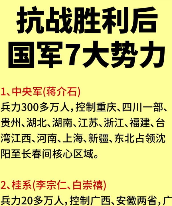 滇军：蒋介石控制不了。川军：蒋介石控制不了。如图所示，抗战胜利后国军7大势力