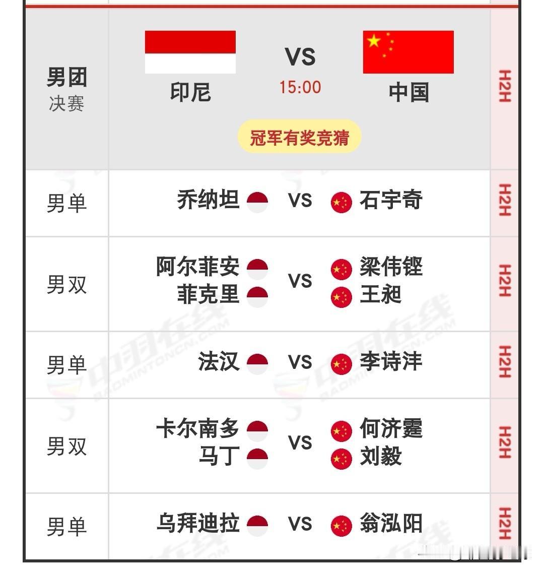 9月24日亚运会羽毛球男团决赛国羽出战对阵名单今日下午15:00，2026亚