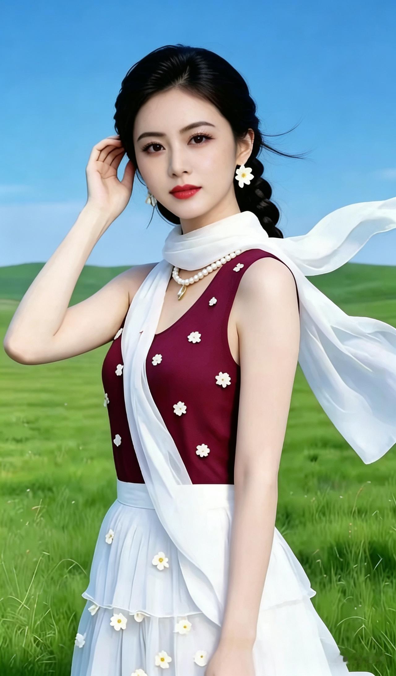 五官端正精致的东方女子身姿舒展大方，穿搭得体雅致，立于辽阔草原之上，澄澈蓝天铺展
