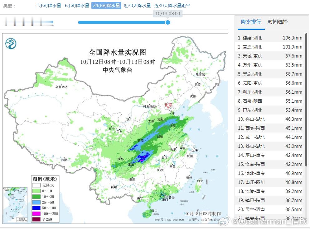 【强降雨】昨天到今晨，副高北侧的雨带，略有东移南压。湖北西部的建始和宣恩，均出现