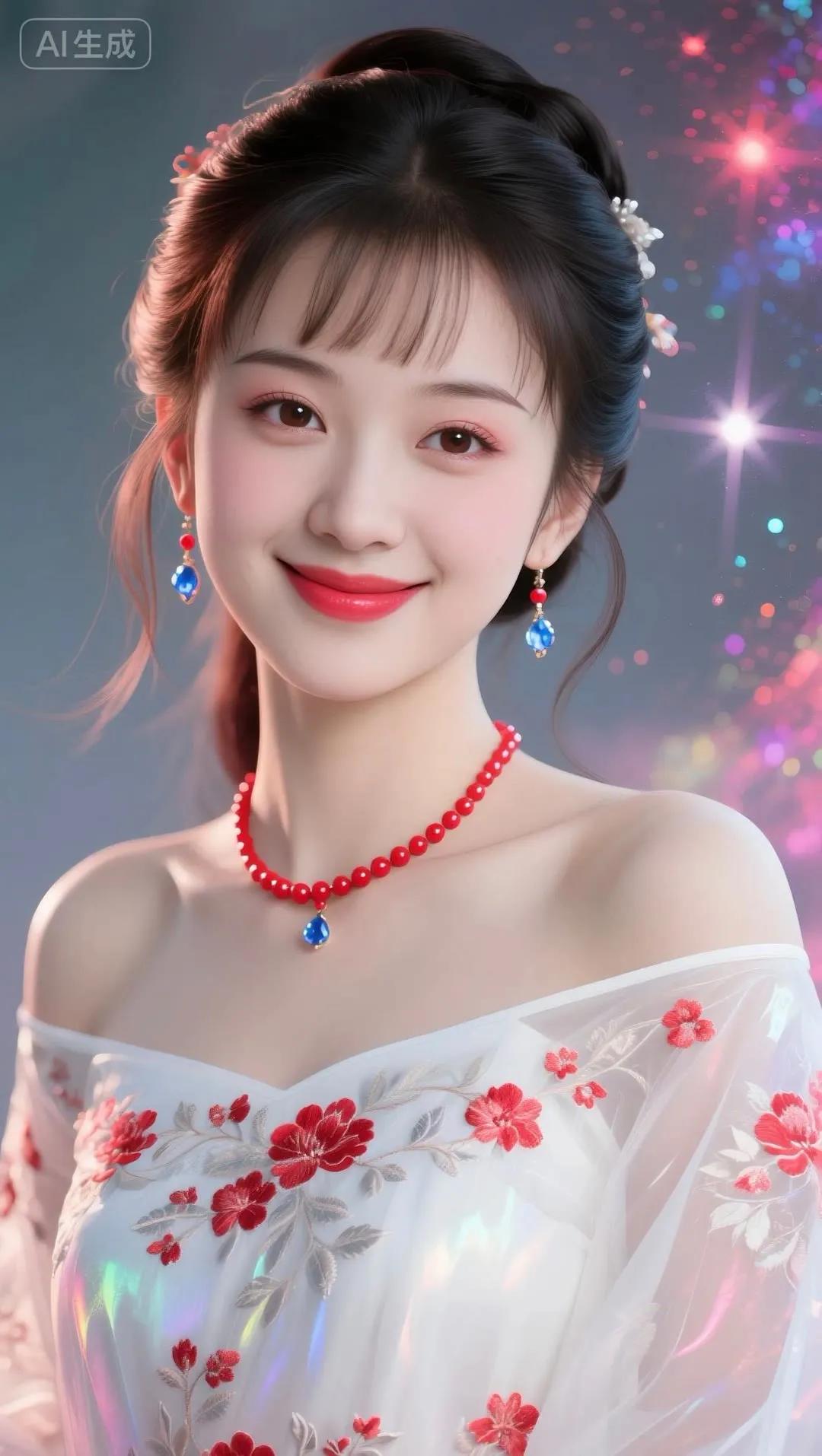 梦幻少女风，甜美笑容，红宝石项链，花海背景，少女心爆棚！🌸💖✨