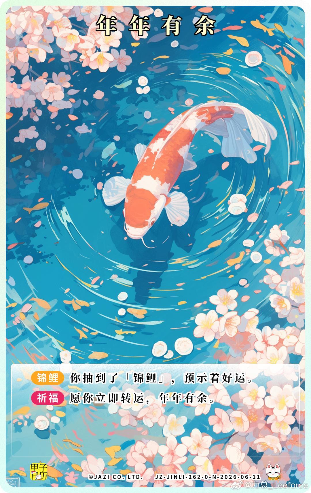 锦鲤愿你立即转运，年年有余。