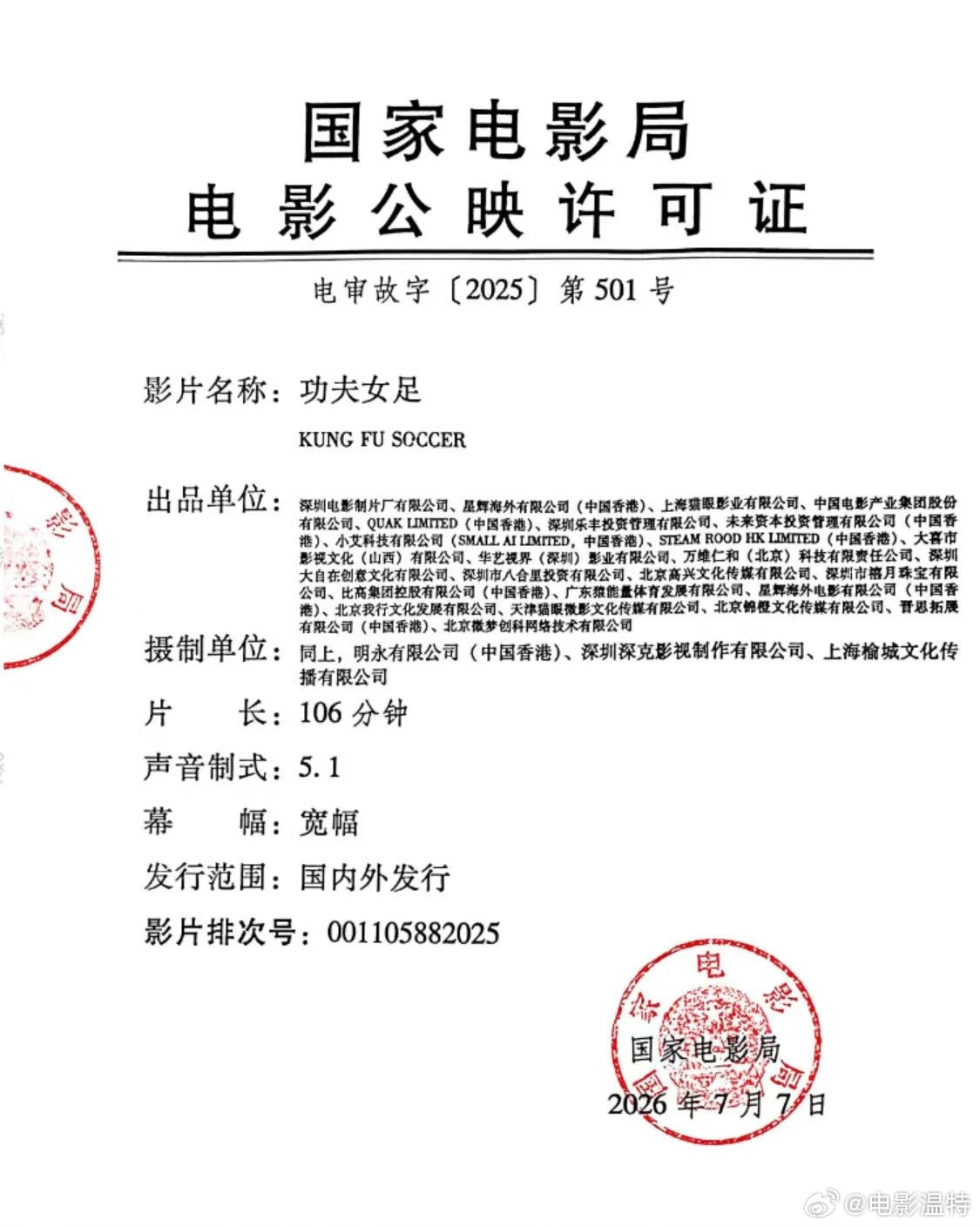 听听温特怎么说周星驰《功夫女足》的公映许可证。周二才拿到周六上映真是极限呀！