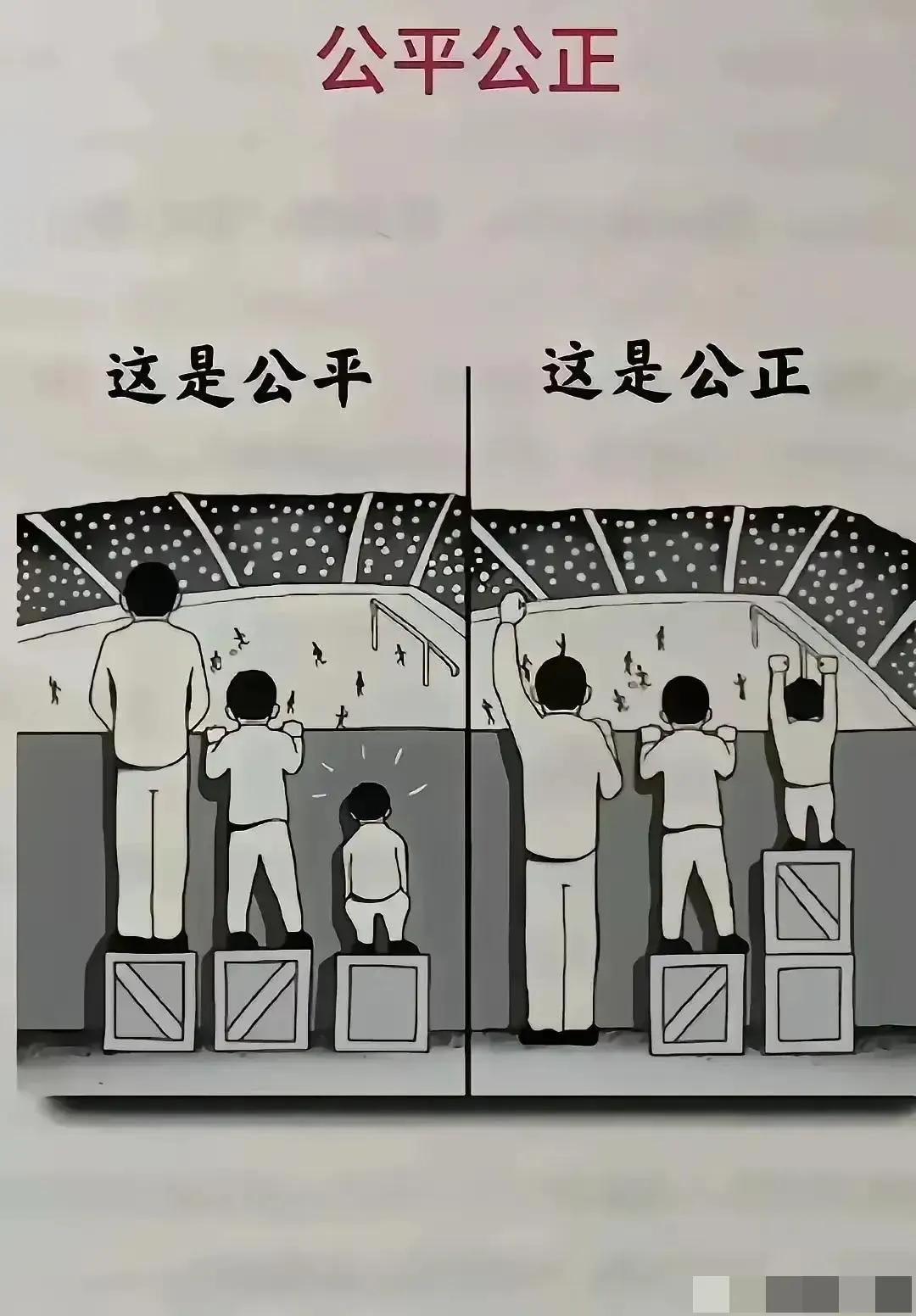 社会不仅要公平，还要公正。什么是公平？什么是公正？请看我发的这张图，请各位看官