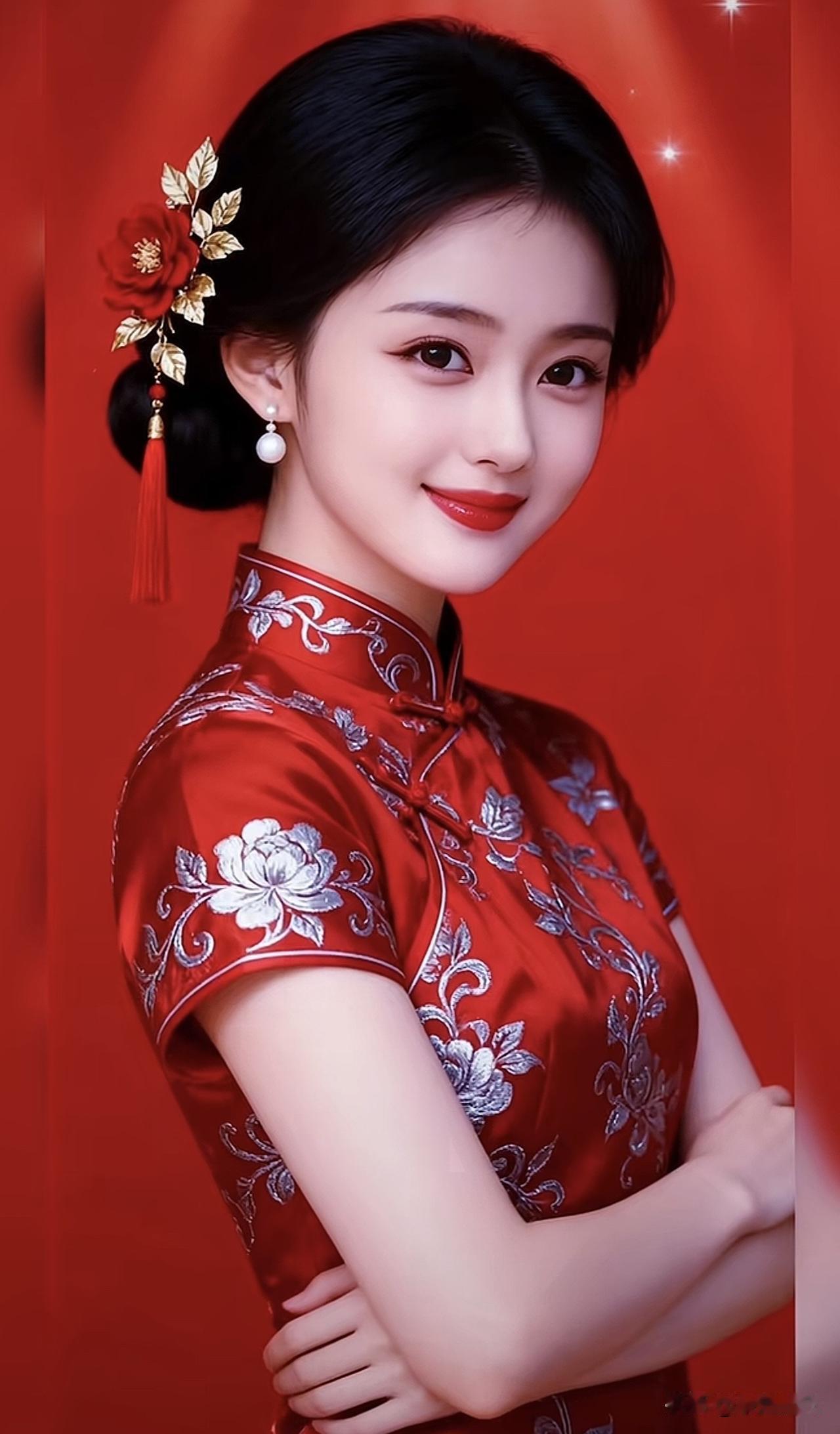 红衣美人，笑靥如花，古典优雅，韵味十足！红衣女拍照红装美人照玫瑰红装美女红