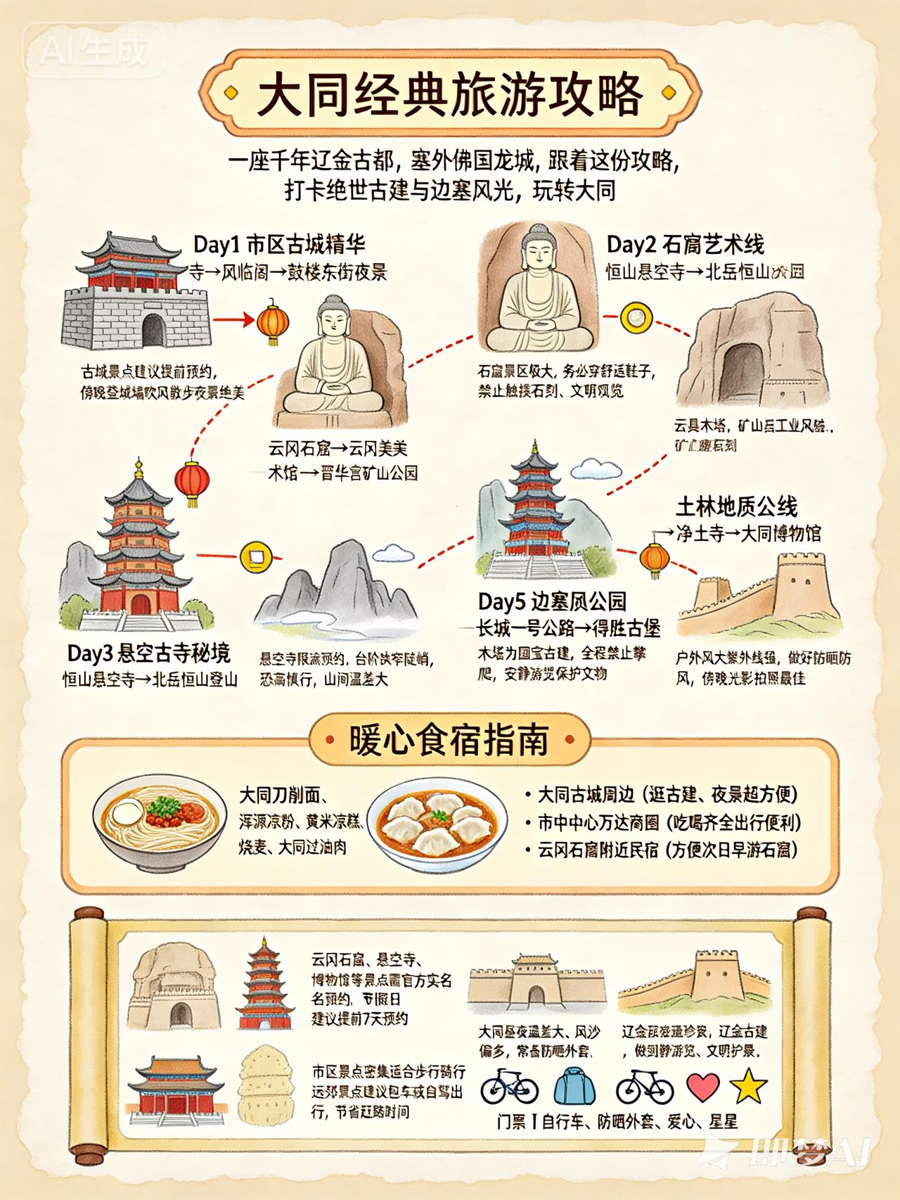 山西的旅游景点有哪些地方?大同经典旅游攻略：.Day1市区古城精华：