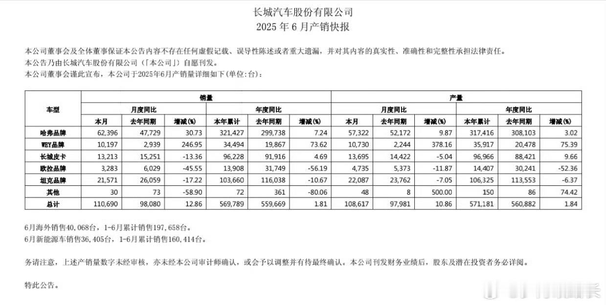 2025年6月，长城汽车销售新车110,690台6月海外40,068台，1-6月