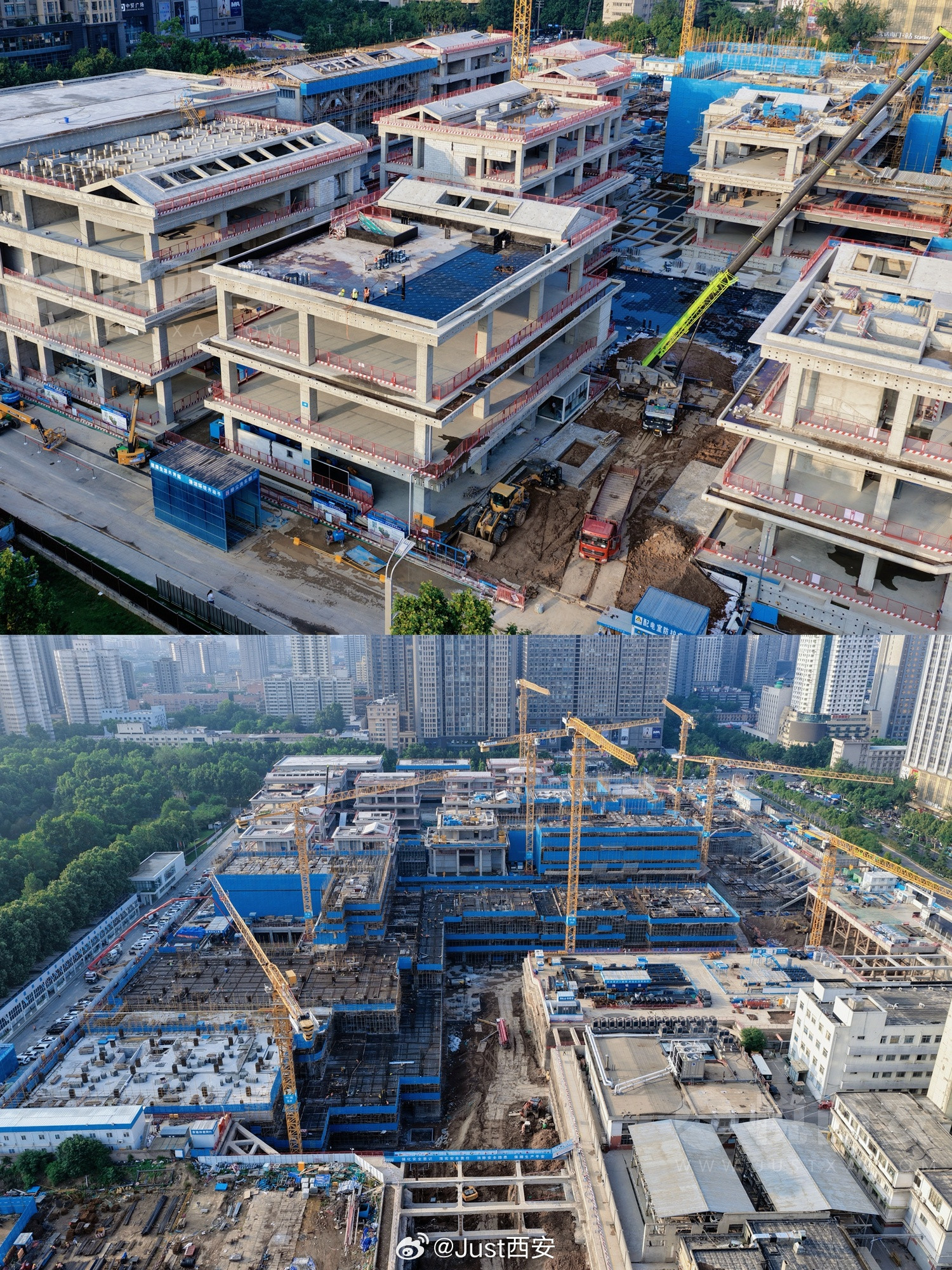 全景航拍西安太古里，冲出地面的独栋有了明显增加，目测超过15座；位于中部区域的居