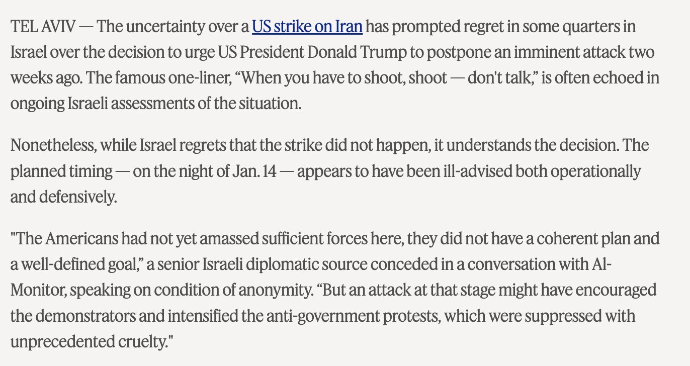 🔻以色列内部消息人士称，美军原本准备在1月14日夜间攻击伊朗，不过因为美军当时