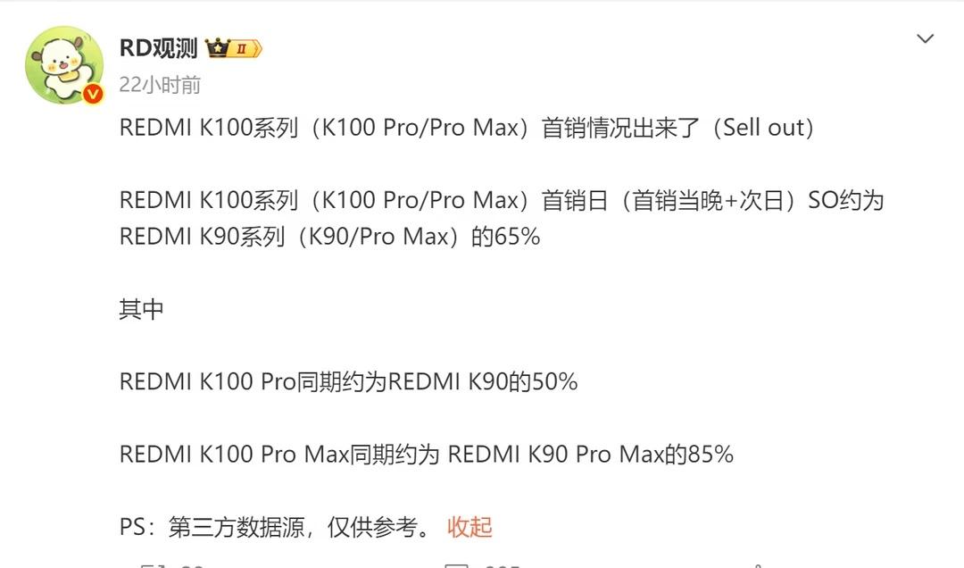红米K100系列首销销量出来了，不及预期RD观测数据：红米K100系列首销销量