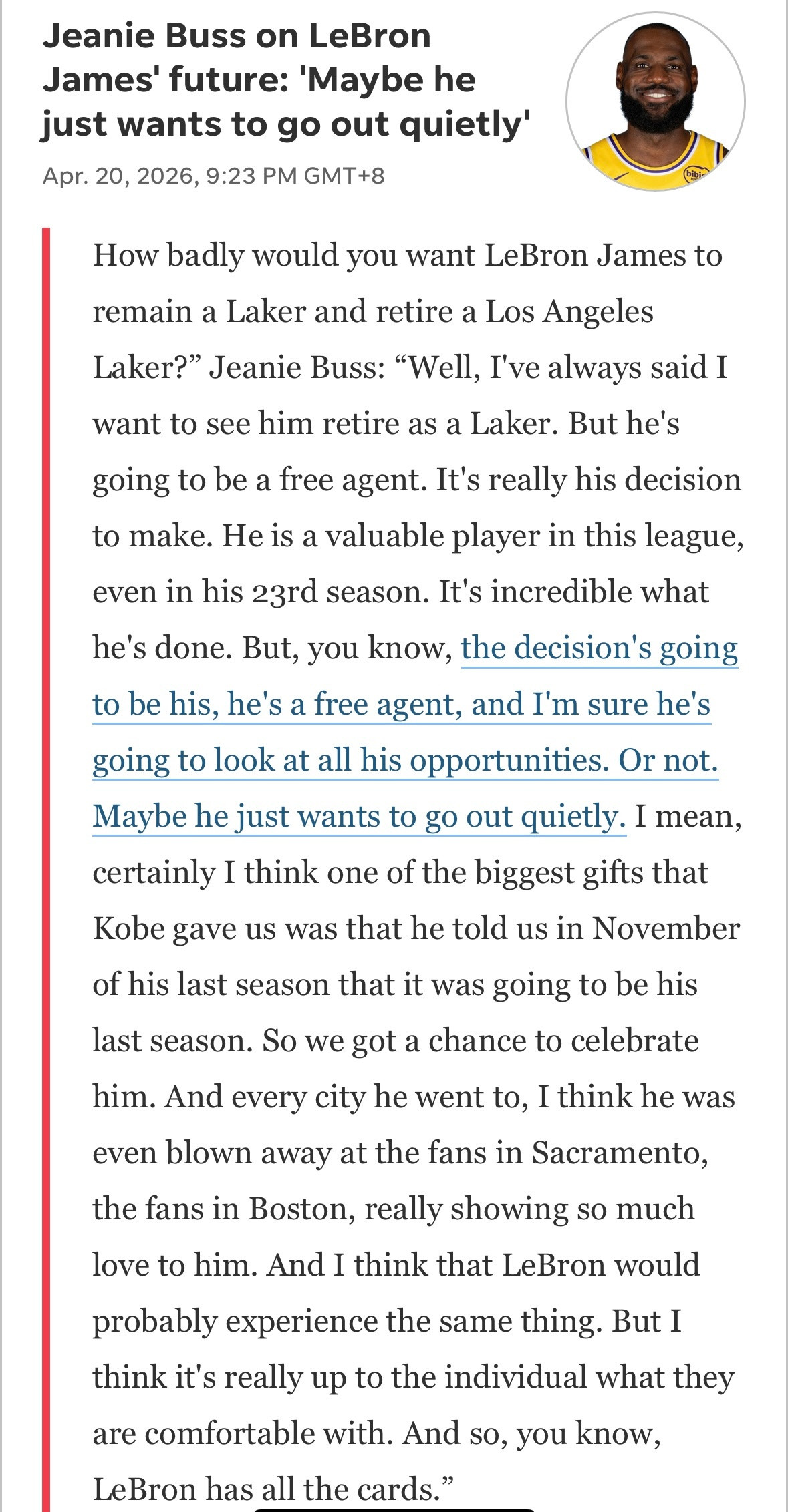「珍妮-巴斯谈勒布朗-詹姆斯是否留队湖人」问：你有多希望詹姆斯继续留在湖人，并以