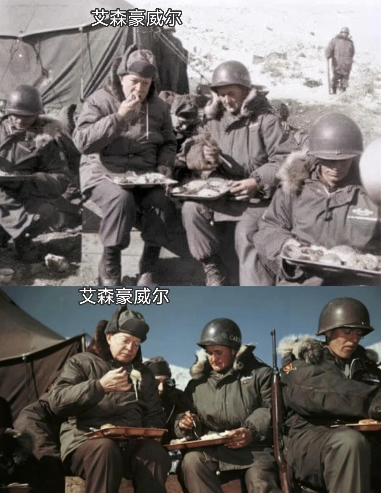 照片为美国总统艾森豪威尔在朝鲜战场上吃饭的场景，正式就任总统前，艾森豪威尔为履行