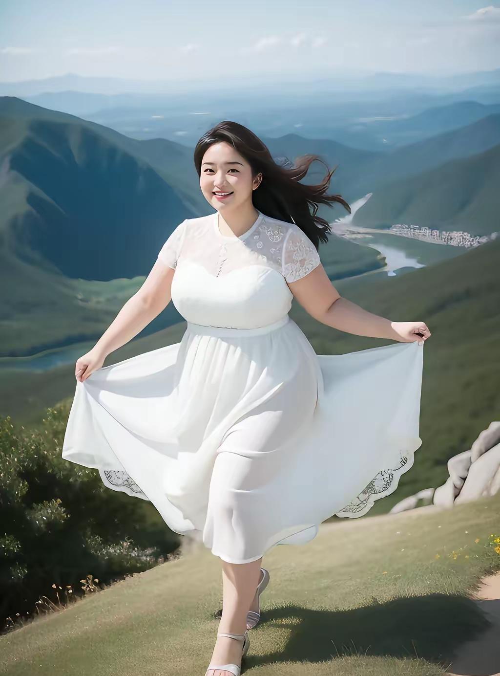 《打油诗.天地共舞》青山作幕风作裳，白裙飘起飞鸟忙。胖妞笑对天地广，裙摆