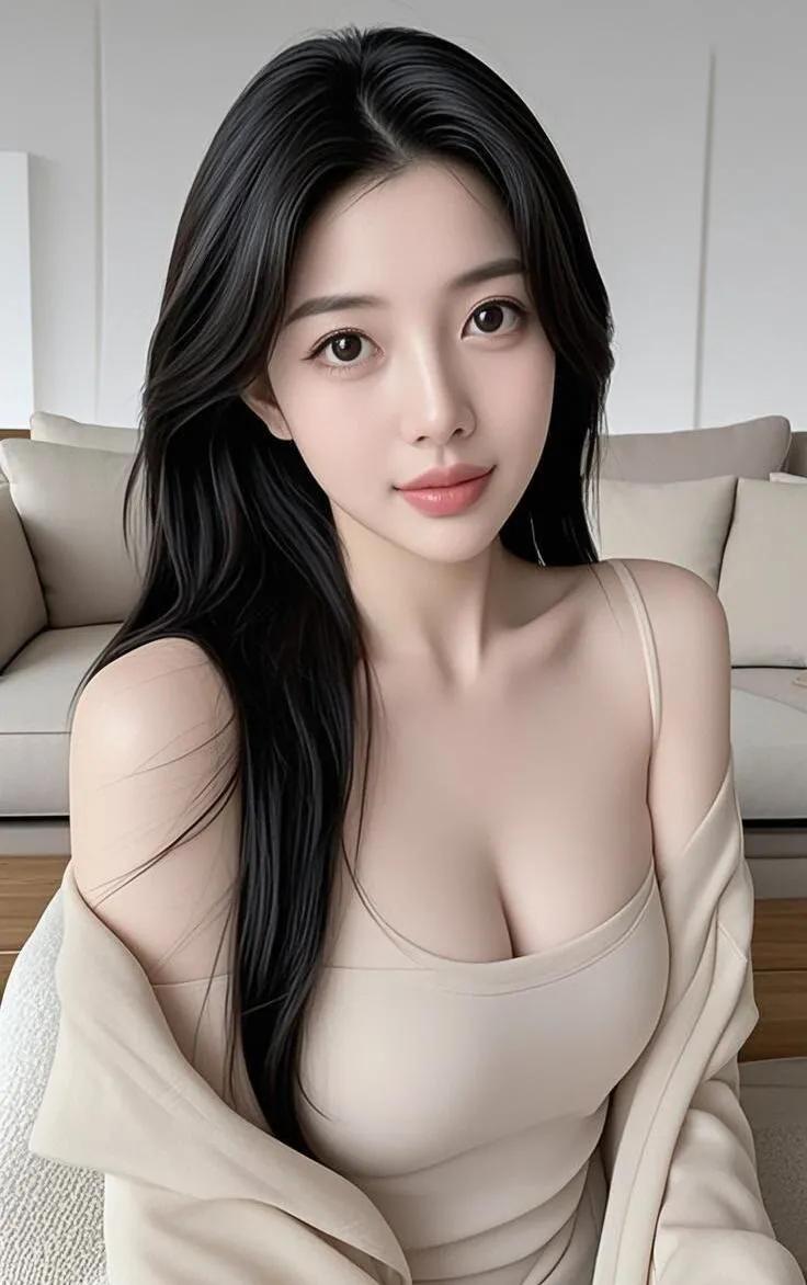 温柔甜美的居家自拍，黑发红唇，清新自然。街拍高清美女