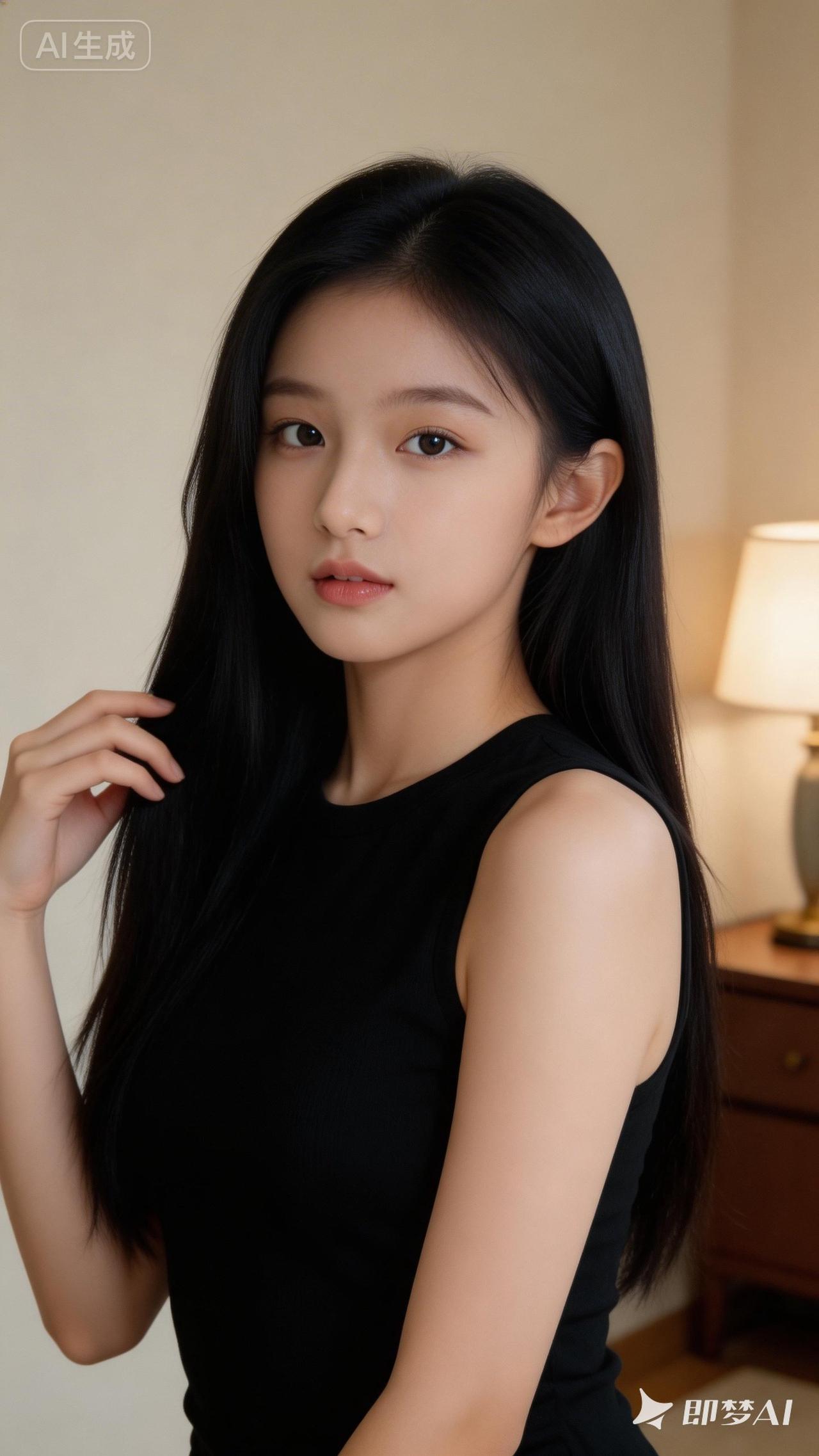 温柔黑发少女，简约黑衣，静谧氛围